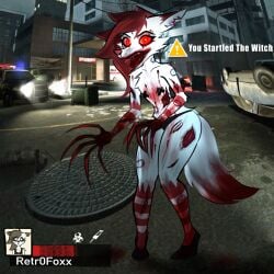 anthro biohazard_symbol bite bite_mark blood blood_from_mouth blood_in_mouth blood_on_clothing blood_on_hand blood_stain bloodshot_eyes bodily_fluids bone bullet_wound canid canine car car_crash city city_background claws clothing death evil_face evil_look exposed_bone flesh fox fur gameplay_mechanics gore gore_focus gui gunshot hair hazard_symbol health_bar hi_res high_heels infection left_4_dead_(series) long_claws long_hair looking_at_viewer male mammal markings multicolored_body nipple_tape nosebleed pasties plantigrade police police_car police_vehicle raised_heel red_eyes red_hair red_markings red_nose retr0foxx scratches solo symbol syringe tape undead underwear valve vehicle white_body white_fur witch_(left_4_dead) zombie
