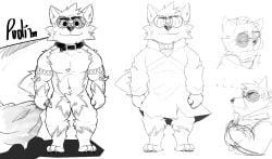 anthro black_and_white canine canis circular_glasses clothed clothing eyebrows full_body fur glasses husky line_art looking_at_viewer male mammal muscular muscular_anthro muscular_male mwolf600 portuguese_text pudim_(pudim_condenado) ref_sheet shapeshifter simple_background sketch smile tattoo white_background