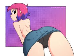 1girls ahoge alternate_version_available ass ass_focus back_view black_eyes blush denim denim_bottomwear denim_clothing female female_only light-skinned_female light_skin looking_back multicolored_hair panties pink_hair purple_hair pussy pussy_visible_through_clothes pussy_visible_through_panties ramona_flowers scott_pilgrim short_hair skirt solo solo_female star tagme tobias_wheller topless two_tone_hair underwear upskirt