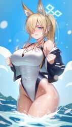 animal_ear_fluff animal_ears annoyed asymmetrical_bangs blonde_hair blue_archive blue_eyes blue_jacket blush breasts clenched_teeth competition_swimsuit covered_navel female hair_over_one_eye halo in_water jacket kanna_(blue_archive) kanna_(swimsuit)_(blue_archive) kuroyara large_ass large_breasts looking_at_viewer navel one-piece_swimsuit outdoors sharp_teeth solo standing swimsuit thick_thighs