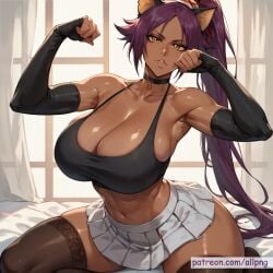 1girls ai_generated al.png bed big_breasts bleach bra breasts cat_ears cat_pose catgirl choker curvy curvy_figure dark-skinned_female dark_skin female female_only fit fit_female gym_uniform huge_breasts kneeling looking_at_viewer mature mature_female milf navel patreon pose purple_hair room shihouin_yoruichi shiny_skin sitting skirt sleeves solo sports_bra sportswear stockings tank_top thighs voluptuous voluptuous_female white_skirt yellow_eyes yoruichi_shihouin