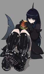1girls artemis_of_the_blue atelier_live bangs beauty_mark black_boots black_clothing black_gloves black_hair black_leather_boots blue_eyes burger dark_blue_hair food goth_boots goth_clothing grey_background high_boots highres holding_burger holding_food indie_virtual_youtuber leather_boots long_hair looking_at_viewer mole_under_eye muds shark_fin shark_girl shark_tail sitting solo solo_female steel_toe_boot virtual_youtuber