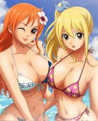 2girls big_breasts bikini blonde_hair breasts busty cleavage crossover curvy fairy_tail long_hair lucy_heartfilia nami one_piece orange_hair outdoors ponytail rakara11