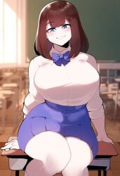 ai_generated bangs blue_eyes bow bowtie brat brown_hair classroom large_breasts looking_at_viewer oc original_character school school_uniform schoolgirl skirt smirk smirking_at_viewer student table teenager thick_thighs white_skin