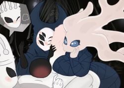 1boy 2022 2girls 6_eyes anthro anthro_on_anthro areolae big_breasts big_penis black_body blush breasts cloak closed_eyes clothed exposed_breasts eye_contact fanning female fingers grabbing_penis hand_on_cheek herrah hi_res hollow_knight horns insects large_breasts male male_pov mask moogers nipples paizuri pale_king_(hollow_knight) penis penis_awe romantic spider tagme throne_room veiny_penis white_body white_lady_(hollow_knight)