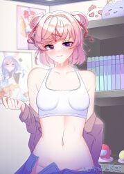 1female 1girls bare_shoulders bra breasts collarbone doki_doki_literature_club meganekai natsuki_(doki_doki_literature_club) navel pink_hair sports_bra stripping taking_clothes_off undressing white_bra white_sports_bra