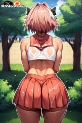 3d ai_generated astolfo_(fate) astolfo_(saber)_(fate) back_view balls big_ass big_butt bottom_heavy bowtie bubble_butt fate/apocrypha fate/grand_order fate_(series) femboy femboydom flat_chest flat_chested gay gay_male gay_sex girly light-skinned_male light_skin little_penis looking_at_viewer male male_only nipples otoko_no_ko penis pink_eyes pink_hair shower showering skirt skirt_lift smile smiling smiling_at_viewer thick_thighs tongue wide_hips xwaifuai