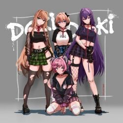 4girls artist_name belt beltskirt black_bow black_hair_bow black_hairbow blue_eyes bow clothed clothes clothing collar doki_doki_literature_club english_text female female_only goth goth_girl gothified green_eyes hair_bow hairbow half-skirt heart_collar hoodie human long_hair monika_(doki_doki_literature_club) multiple_girls natsuki_(doki_doki_literature_club) pen pink_eyes pink_hair projektxi01 purple_eyes purple_hair ring sayori_(doki_doki_literature_club) skirt spiked_collar strawberry_blonde_hair streetwear text text_on_clothes text_on_clothing text_on_topwear torn_clothes torn_clothing twitter_username yuri_(doki_doki_literature_club) zipper zipper_hoodie zipper_pull_tab