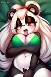 ahe_gao ai_generated bra green_bra lying_down mobian_(species) mobians.ai original_character panda red_eyes sonic_(series) white_hair