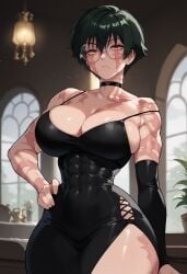 abs ai_generated big_ass big_breasts big_butt black_dress choker cleavage fat_ass fit_female goth_girl goth_slut hand_on_hip hourglass_figure huge_breasts jujutsu_kaisen looking_down_at_viewer muscular_female shiny_skin short_hair_female slim_waist thick_ass thick_thighs wide_hips zenin_maki