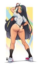 1girls ass ass ass_focus back back_view bare_arms bare_legs bare_thighs bayeuxman big_ass big_breasts big_butt black_hair brown_eyes clothed clothing color female female_focus female_only game_freak hi_res large_breasts light-skinned_female light_skin long_hair looking_at_viewer nemona_(pokemon) nintendo panties pokeball pokemon pokemon_champion pokemon_sv pokemon_trainer solo solo_female tagme thick_thighs very_long_hair