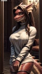 ai_generated anthro artist_name border breasts brown_hair closed_mouth colored_skin covering_crotch cowboy_shot female female_anthro furry furry_female head_fins hi_res high_resolution highres indoors long_hair long_sleeves looking_at_viewer monster_girl photorealistic realistic reptile scales scalie solo stable_diffusion standing sweater tail turtleneck_sweater twitter twitter_username v_arms watermark white_sweater yellow_eyes yiffyjiffy2 yiffyjiffy69