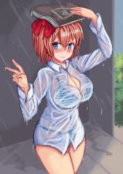1female 1girls 5_fingers artist_name big_breasts blue_eyes bluekapo bow breasts cleavage doki_doki_literature_club draw_this_in_your_style draw_this_in_your_style_(sayori_caught_in_rain) dtiys hair_bow hairbow peace_sign red_bow red_hair_bow red_hairbow sayori_(doki_doki_literature_club) shirt strawberry_blonde_hair thighs twitter_username wet wet_body wet_clothes wet_clothing wet_shirt