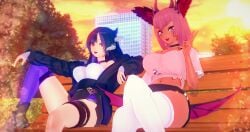 2girls 3d bench big_breasts black_nails blue_hair body_markings collar crop_top dark-skinned_female dark_skin deluxe_rosie dragon_girl dragon_horns female female_only fully_clothed harpy_girl horns indie_virtual_youtuber jacket light-skinned_female light_skin looking_at_viewer midriff multicolored_hair open_mouth outdoors peace_sign pink_hair red_eyes short_hair shorts sitting thick_thighs thighhighs thighs tight_clothing tongue tongue_out trickywi vienna_(vtuber) virtual_youtuber