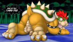 2024 anthro anus ass balls bowser dracovar_valeford english_text feet genitals hair hi_res horn jewelry koopa looking_at_viewer male male/male mario_(series) nintendo open_mouth penis red_hair scalie shell solo spikes tail text toes