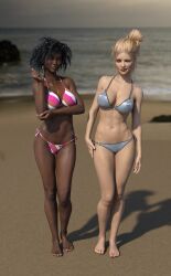 2girls 3d annabelle_(crabbyoldman) bikini black_hair blonde_hair blue_bikini crabbyoldman dark_skin dark_skinned_female madeline_(crabbyoldman) multiple_girls original swimsuit