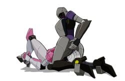 2girls arcee arcee_(g1) azzertyimages high_heels mouth_mask nightbird_(transformers) pussy_eating robot robot_girl robot_humanoid simple_background sitting_on_face thick_thighs transformers transformers_g1 white_background yellow_eyes yuri
