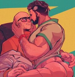 agent_p-3 ass atomic_heart bara beard biceps blush chariton_zakharov clothing gay male male/male male_only manly mature_male muscular_male tight_clothing vapedrone