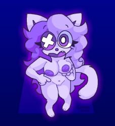 anthro ash_(sashley) breasts cute_fangs domestic_cat feline female fur furry holding_breast long_hair looking_at_viewer looking_up looking_up_at_viewer navel nipples nude open_mouth pointing pointing_at_pussy pointing_at_self purple_body purple_eye purple_eyes purple_fur purple_hair purple_nipples pussy sashley solo sxshley wanting_sex x_eye