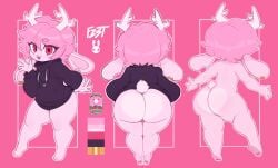 anthro antlers ass big_butt bottom_heavy bottomless bottomless_anthro bottomless_male clothed clothing conditional_dnp ear_piercing ear_ring femboy fur fzst hair hi_res hoodie horn huge_butt jackalope lagomorph male mammal model_sheet open_mouth open_smile pear-shaped_figure piercing pink_background pink_body pink_fur pink_hair punkypanda ring_piercing short_stack simple_background smile solo thick_thighs topwear wide_eyed wide_hips