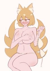 1girls 2d almost_naked animal_ear_fluff bagtroz blush covering_breasts covering_nipples embarrassed embarrassed_nude_female eosd2002 fox_ears fox_girl fox_tail hand_over_breasts holding_bra huge_breasts large_breasts looking_away multiple_tails ran_yakumo short_hair solo touhou white_bra white_panties yakumo_ran yellow_eyes