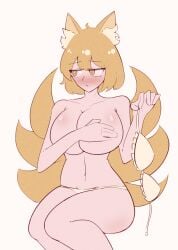 1girls 2d almost_naked animal_ear_fluff bagtroz blush covering_breasts covering_nipples embarrassed embarrassed_nude_female eosd2002 fox_ears fox_girl fox_tail hand_over_breasts holding_bra huge_breasts large_breasts looking_away multiple_tails ran_yakumo short_hair solo tails touhou white_bra white_panties yakumo_ran yellow_eyes