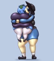 1boy 1girls bigger_male blueberry busty busty_boy cody_(bigb00baboi) holding imminent_sex kissing orangejuicemann smaller_female thick_thighs