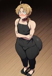 1boy 1male ahoge ai_generated ass_visible_from_the_front bangs big_ass big_butt black_clothing blackwhiplash_(style) blonde_hair blush civitai collar embarrassed femboy feminine_male front_view green_eyes huge_ass male male_focus male_only mushoku_tensei ponytail rudeus_greyrat small_bulge small_penis thick_thighs worried worried_expression