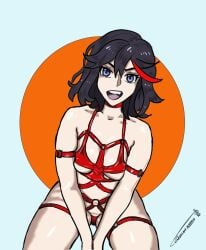 1girls arm_straps artist_signature barely_clothed black_hair blue_eyes choker ironsiderodger kill_la_kill kneeling leather_straps light-skinned_female light_skin matoi_ryuuko open_mouth red_strand_of_hair smile thigh_strap