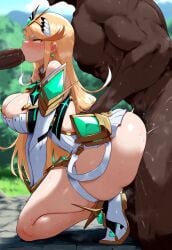 ai_generated anal annoyed blonde_hair clothed_female_nude_male core_crystal dark-skinned_male fellatio interracial mythra outside sex spitroast xenoblade_(series) xenoblade_chronicles_2