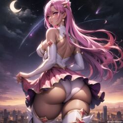 1girls ai_generated ass ass_focus city city_background cityscape from_behind from_below kai&#039;sa league_of_legends long_hair looking_back medium_breasts moon panties pink_hair shooting_star skirt skirt_lift star_guardian_kai&#039;sa star_guardian_series starry_sky thick thick_ass thick_legs thick_thighs thighhighs uniform upskirt valodiffusion white_panties white_thighhighs white_topwear