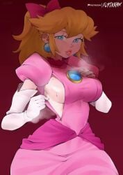 airing_out animated bedroom_eyes blonde_hair blue_eyes clothed dress earrings female flytrapxx gloves hair_ribbon mario_(series) musk_clouds nintendo opaluva open_clothes pace_r18 ponytail princess_peach princess_peach:_showtime! sideboob smile sound steaming_body sweat sweaty sweaty_breasts tagme video zipper zipper_down