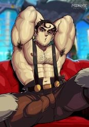 abs armpit_hair bara beard_stubble beowulf_(skullgirls) biceps big_bulge bulge clothing daddy erection_under_clothes hairy_chest huge_bulge looking_at_viewer male male_nipples male_only manly mature_male muscular_male nipples pecs penis_outline skullgirls