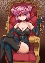 1female 1girls 5_fingers bluekapo breasts cleavage collar commission commission_art doki_doki_literature_club dominatrix gloves hand_cuffs handcuffs latex natsuki_(doki_doki_literature_club) pink_eyes pink_hair throne