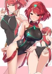 absurdres adjusting_clothes adjusting_swimsuit ass baffu bare_shoulders black_one-piece_swimsuit breasts clothes_lift commentary_request covered_navel earrings female gold_trim hairband hand_on_own_stomach highres jewelry large_breasts lifting_own_clothes multiple_views neon_trim nintendo one-piece_swimsuit pyra red_eyes red_hair short_hair sidelocks smile swept_bangs swimsuit swimsuit_lift xenoblade_(series) xenoblade_chronicles_(series) xenoblade_chronicles_2