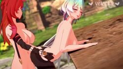 1futa 1girls 3d breasts doggy_style earrings female futa_on_female futanari gloves honkai_impact_3rd hoyoverse lantern_(honkai_impact) large_breasts mihoyo nipples red_hair senadina_(honkai_impact) tagme veliarts video white_hair