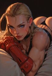 1girls ai_generated ass athletic_female back_muscles back_view big_ass bikini_top blonde_hair blue_eyes blush cammy_white capcom facial_markings freckles_on_shoulders heroineshowcase large_ass looking_at_viewer looking_back muscular_female street_fighter thong thong_bikini