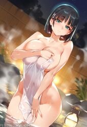 1girls ai_generated bare_arms bare_legs bare_shoulders bare_thighs big_breasts black_hair blue_eyes blush bons_ai color female female_focus female_only hi_res hot_spring kirigaya_suguha large_breasts light-skinned_female light_skin looking_at_viewer nude nude_female short_hair solo solo_female sword_art_online tagme thick_thighs towel water wet