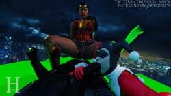 1girls 2girls amazon armor batman_(series) big_breasts big_penis blowjob bottomless city cityscape closed_eyes clothed_sex cunnilingus dark-skinned_male dark_skin dc domino_mask facesitting fellatio ffm_threesome gloves green_lantern green_lantern_ring harley_quinn harley_quinn_(classic) interracial jester_outfit justice_league outside outside_sex self_upload sfm_hood spread_legs suicide_squad:_kill_the_justice_league superhero superheroine threesome wonder_woman wonder_woman_(series) wonder_woman_(suicide_squad_game)