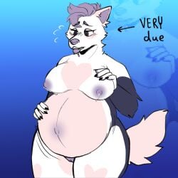absurd_res anthro areola ass big_breasts big_butt blush blush_lines bodily_fluids breasts canid canine canis claws digital_media_(artwork) domestic_dog female fur genitals hair hi_res lactating mammal nipples nude open_mouth overweight overweight_female pained_expression pregnant pregnant_anthro pregnant_female purple_hair pussy short_hair simple_background smittenpuppy solo tail teeth text thick_thighs tongue tongue_out vanilla_(smittenpuppy) wide_hips