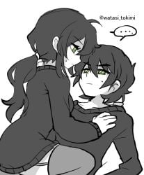 1boy 1boy1girl 1girls andrew_graves black_hair breasts duo genderswap_(mtf) green_eyes incest leggings male/female medium_breasts pinned ponytail rule_63 selfcest staring sweatdrop sweater the_coffin_of_andy_and_leyley thighhighs watasi_tokimi white_background