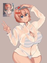 1female 1girls 5_fingers arcade_arts arcade_arts big_breasts blue_eyes bow breasts cameltoe cleavage doki_doki_literature_club draw_this_in_your_style draw_this_in_your_style_(sayori_caught_in_rain) dtiys hair_bow hairbow peace_sign red_bow red_hair_bow red_hairbow sayori_(doki_doki_literature_club) shirt smile smiling strawberry_blonde_hair thick thick_thighs thighs wet wet_body wet_clothes wet_clothing wet_shirt