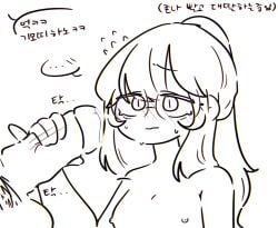 /// big_penis closed_mouth dalgik dalgik-chan glasses handjob korean_text looking_at_partner original ponytail small_breasts sweat translation_request