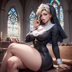 ai_generated blonde_female cross eogard_orc fellatio_gesture legs mercy nun nun_outfit open_mouth overwatch seductive sitting thick_thighs tight_clothing tongue_out