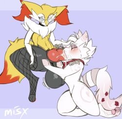 animal_genitalia animal_penis anthro balls big_balls big_penis blue_eyes blush braixen canid canine canine_genitalia canine_penis choker clothing domestic_cat duo erection eyewear felid feline felis fellatio femboy fishnet_clothing fishnet_legwear fox generation_6_pokemon genitals glasses hi_res huge_balls huge_cock jewelry legwear male male/male mammal misx necklace nintendo onomatopoeia oral penile penis pokemon pokemon_(species) sex sound_effects tail text thigh_highs wide_hips