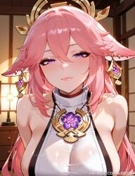 1female 1girls ai_generated big_breasts big_breasts breasts breasts earrings female fox_ears fox_girl genshin_impact huge_boobs huge_breasts kaistar large_boobs large_breasts light-skinned_female light_skin looking_at_viewer patreon pink_hair purple_eyes solo solo_female solo_focus yae_miko yae_miko_(genshin_impact)