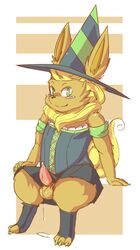 blush corset crossdressing cum digitigrade dripping eeveelution flareon green_eyes hat looking_at_viewer magic_user male male_only nintendo penis pokemon precum skirt solo stockings tapering_penis video_games witch witch_hat zangusuu