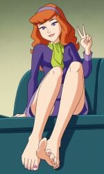 ai_generated bare_legs barefeet barefoot breasts cartoon_network daphne_blake daphne_blake_(mystery_incorporated) dress feet foot_fetish green_scarf purple_dress red_hair scarf scooby-doo scooby-doo!_mystery_incorporated sitting