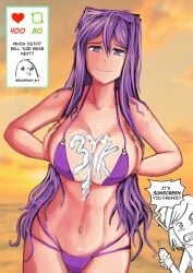 2girls big_breasts bikini bikini_bottom bikini_top bluekapo breasts doki_doki_literature_club english_text female female_only follower_celebration human long_hair milestone_celebration multiple_girls natsuki_(doki_doki_literature_club) navel purple_bikini purple_bikini_bottom purple_bikini_top purple_eyes purple_hair solo_focus sunscreen sunscreen_on_body swimwear text yuri_(doki_doki_literature_club)