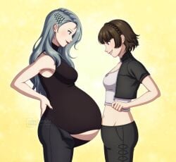 2d 2girls bellies_touching big_belly bloated_belly brown_eyes brown_hair clothed clothing early_pregnancy female female_only grey_hair hands_behind_back happy lipstick long_hair makoto_niijima midriff misscherrylle navel persona persona_5 pregnant pulled_up_shirt sae_niijima silver_hair sisters unbuttoned_pants underbelly wardrobe_malfunction watermark wholesome